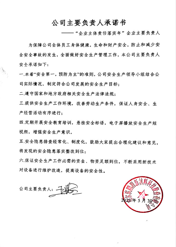 鵬（péng）程新材-“公司主要負責人承諾書”